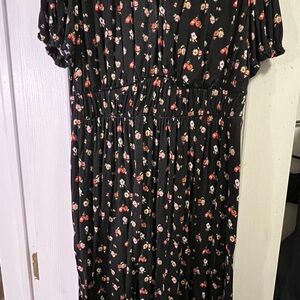 Boden Black Midi Dress with Red and Pink Floral Print